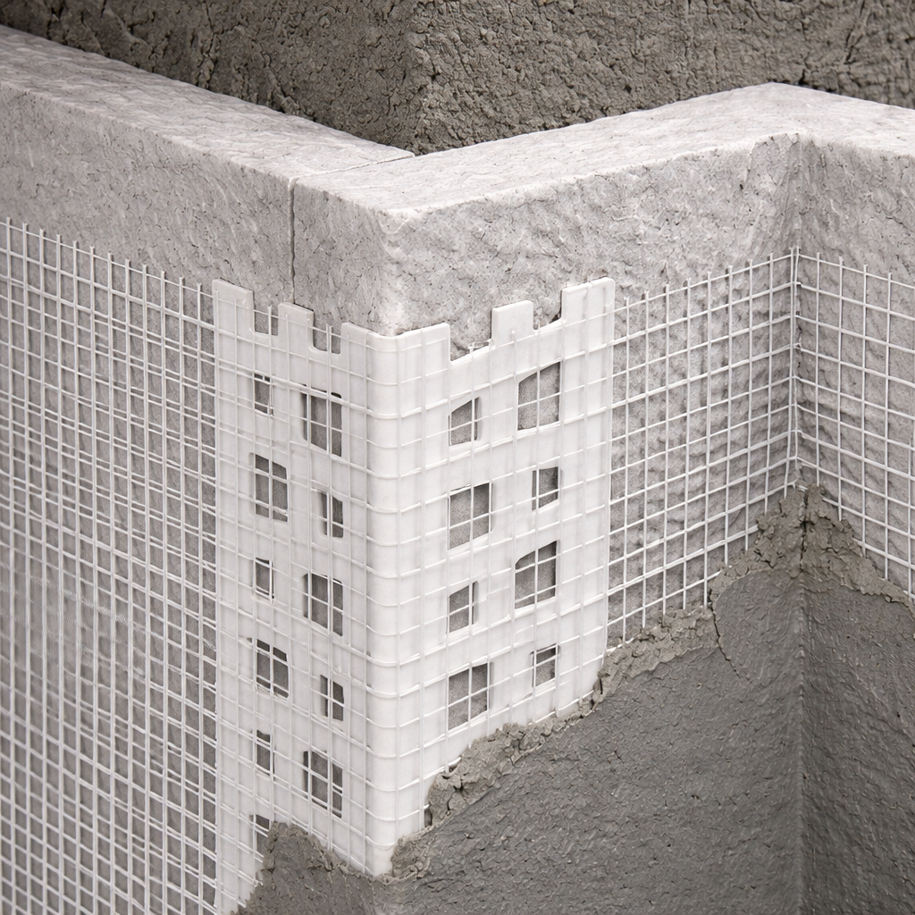 10 x 70x70mm PVC mesh render corner bead installed on external wall corner for reinforcement