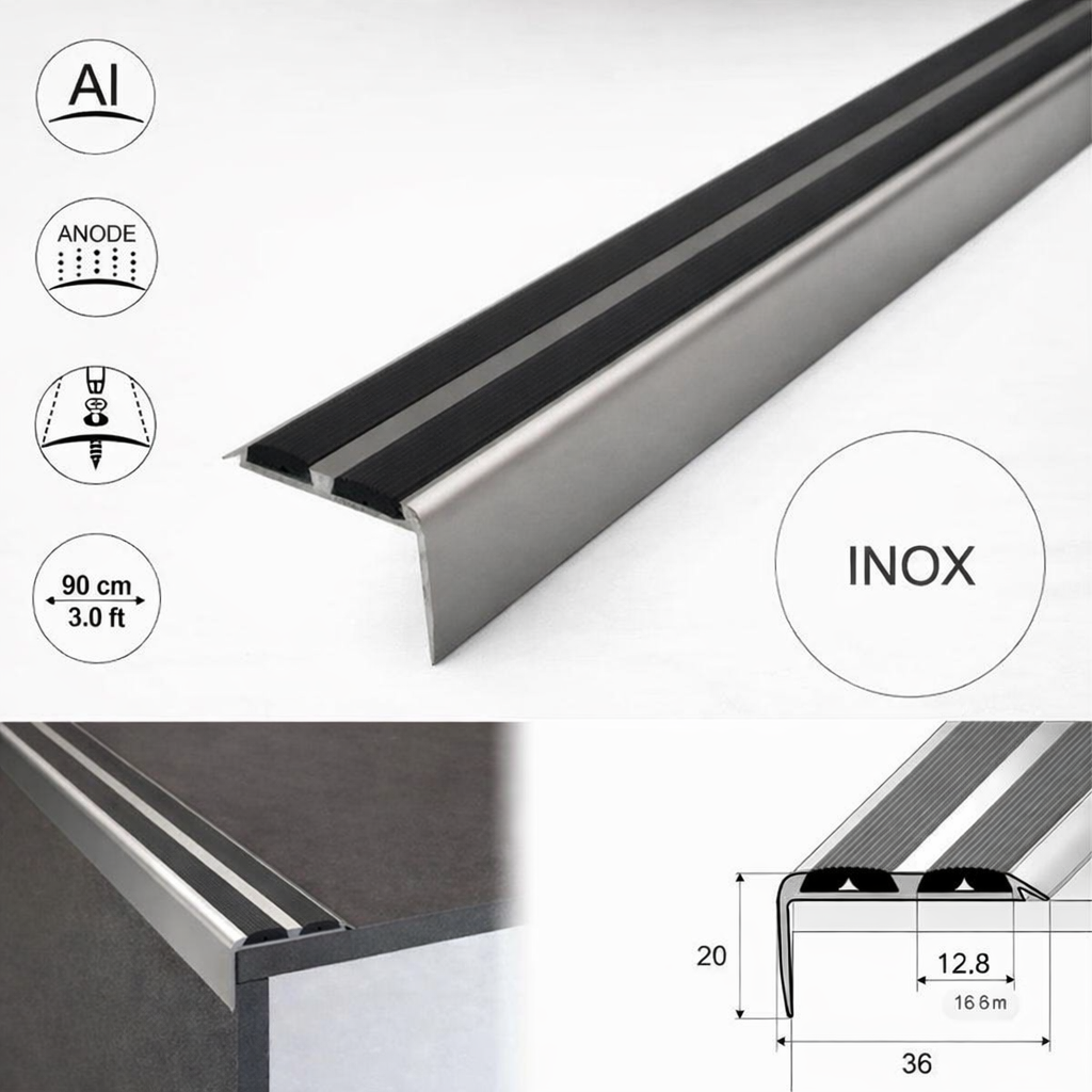 Inox A37 aluminium stair nosing screw-fixed with black rubber anti-slip insert 15 pack