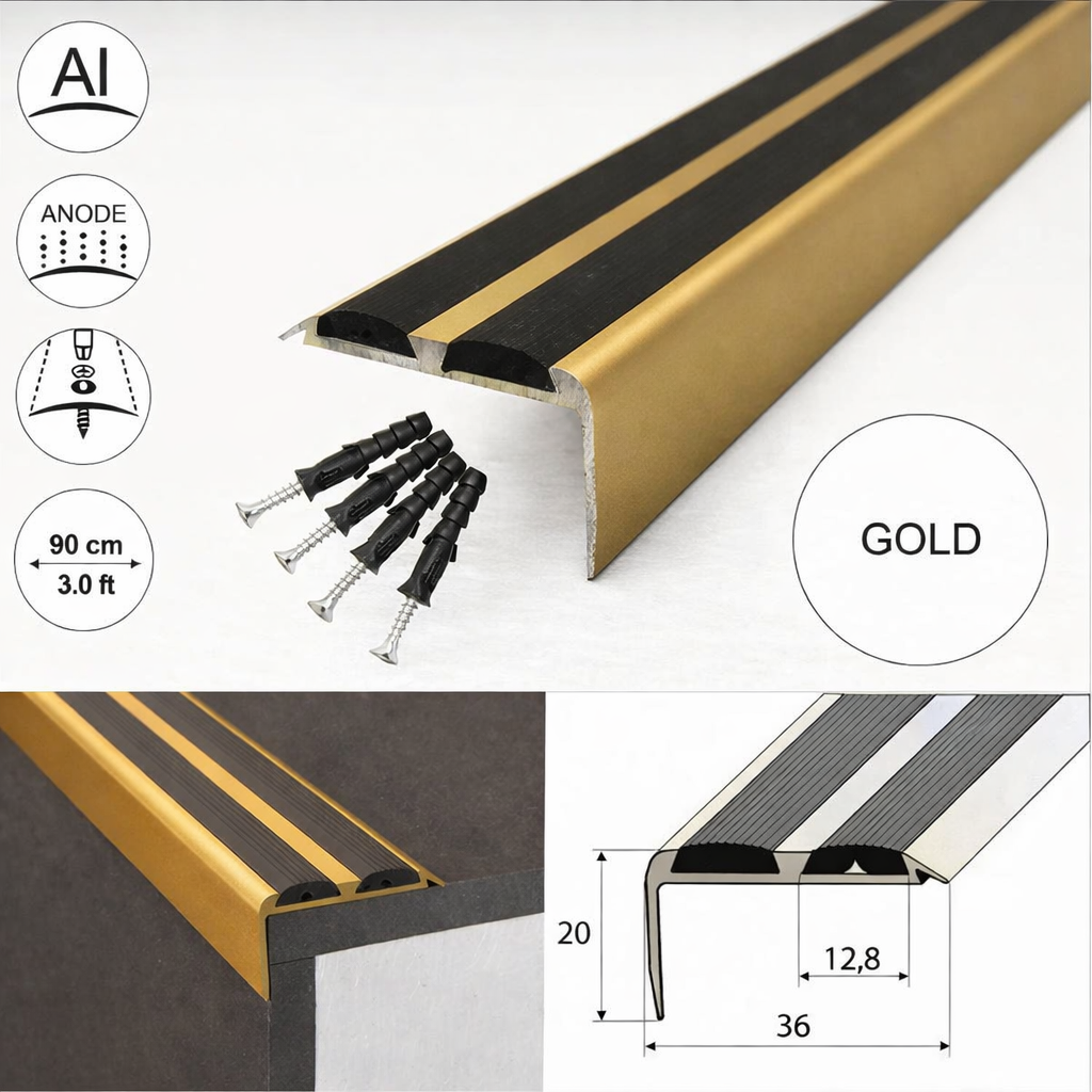 Gold 36mm x 20mm anodised aluminium stair nosing with black rubber grip strip 15 pack