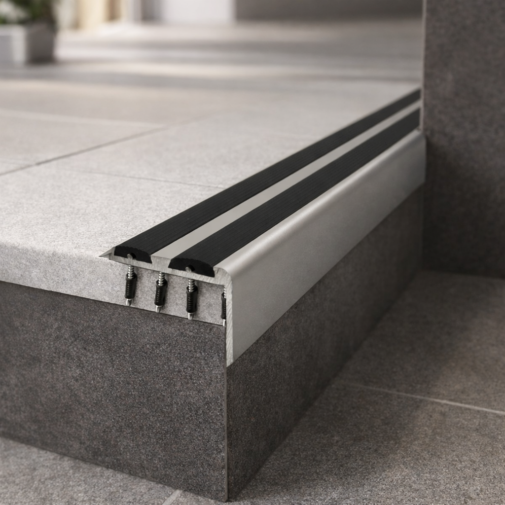 Screw-fit aluminium stair nosing 36x20mm with black rubber grip fitted to steps