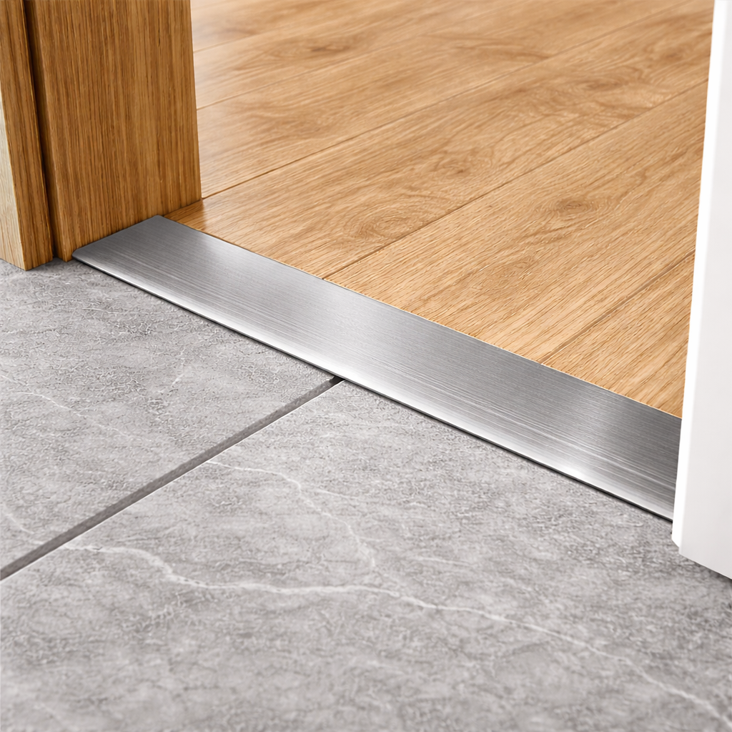 Anodised aluminium flat door threshold strip with self-adhesive backing for quick, drill-free installation.