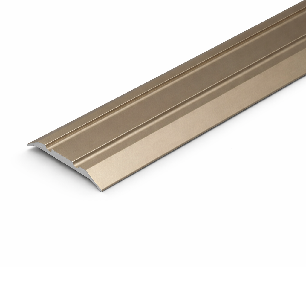 Champagne A12 25mm anodised aluminium flat door threshold strip with a slim profile for neat floor transitions.