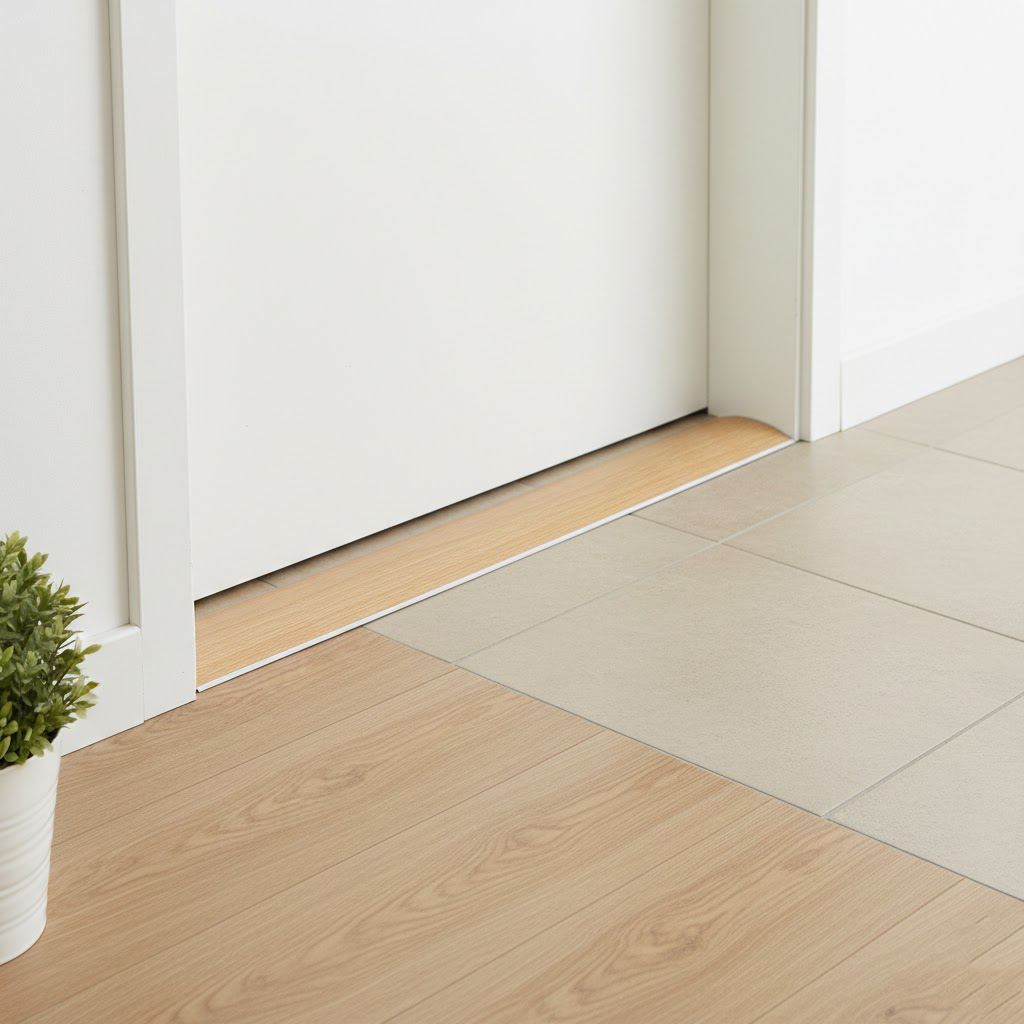 Usage of a 40mm wood effect aluminium self-adhesive threshold strip creating a natural-looking floor transition.