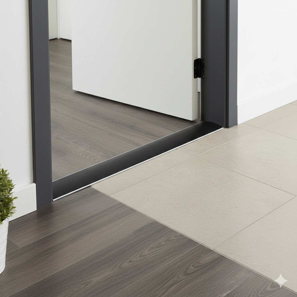 Usage of a 40mm anodised aluminium self-adhesive threshold strip creating a smooth and tidy floor transition.