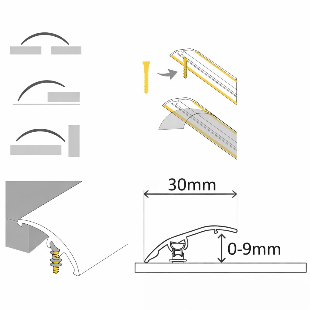 Aluminium S30K 4-in-1 door threshold trim installed between rooms