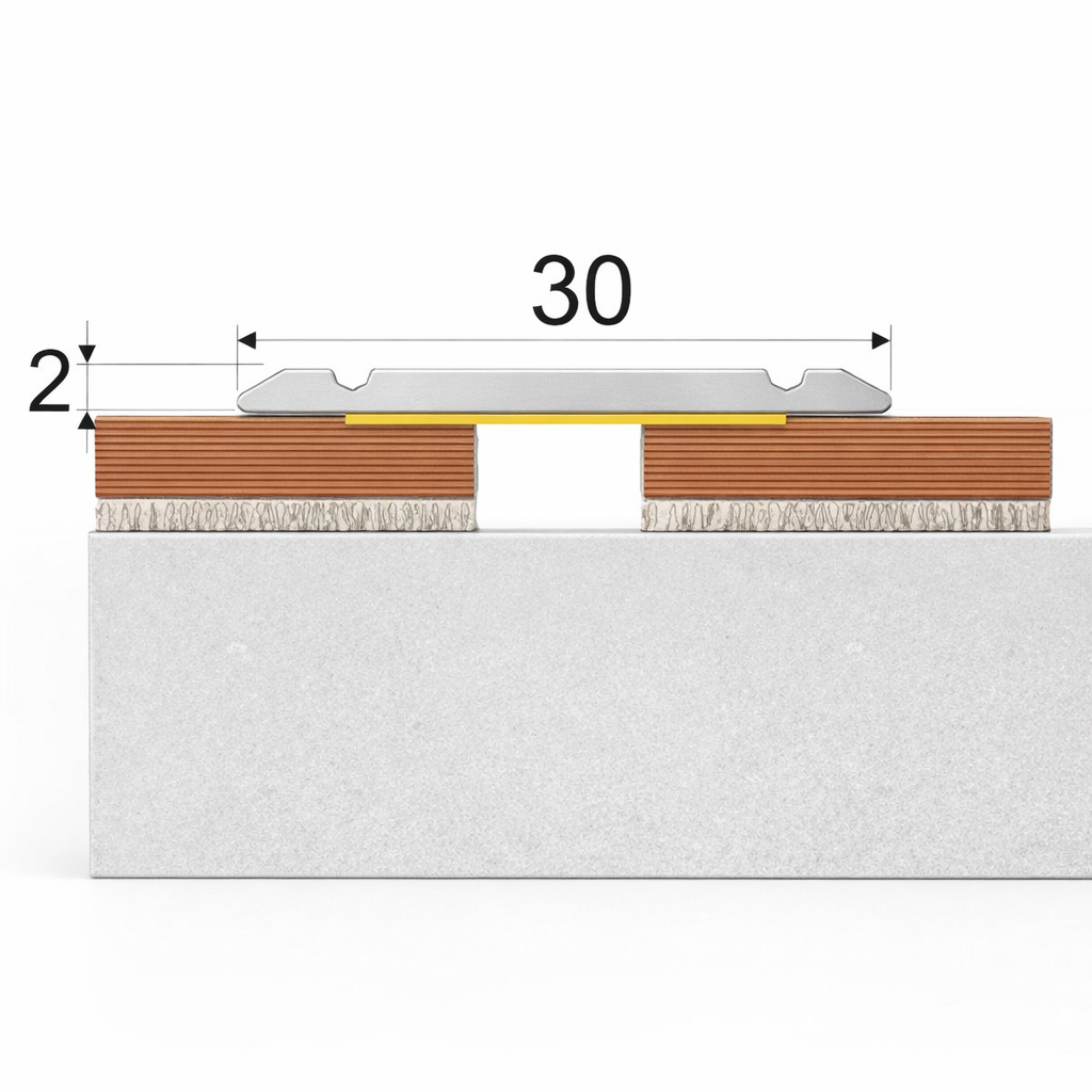 Anodised aluminium 30mm flat self adhesive threshold strip installed on doorway floor