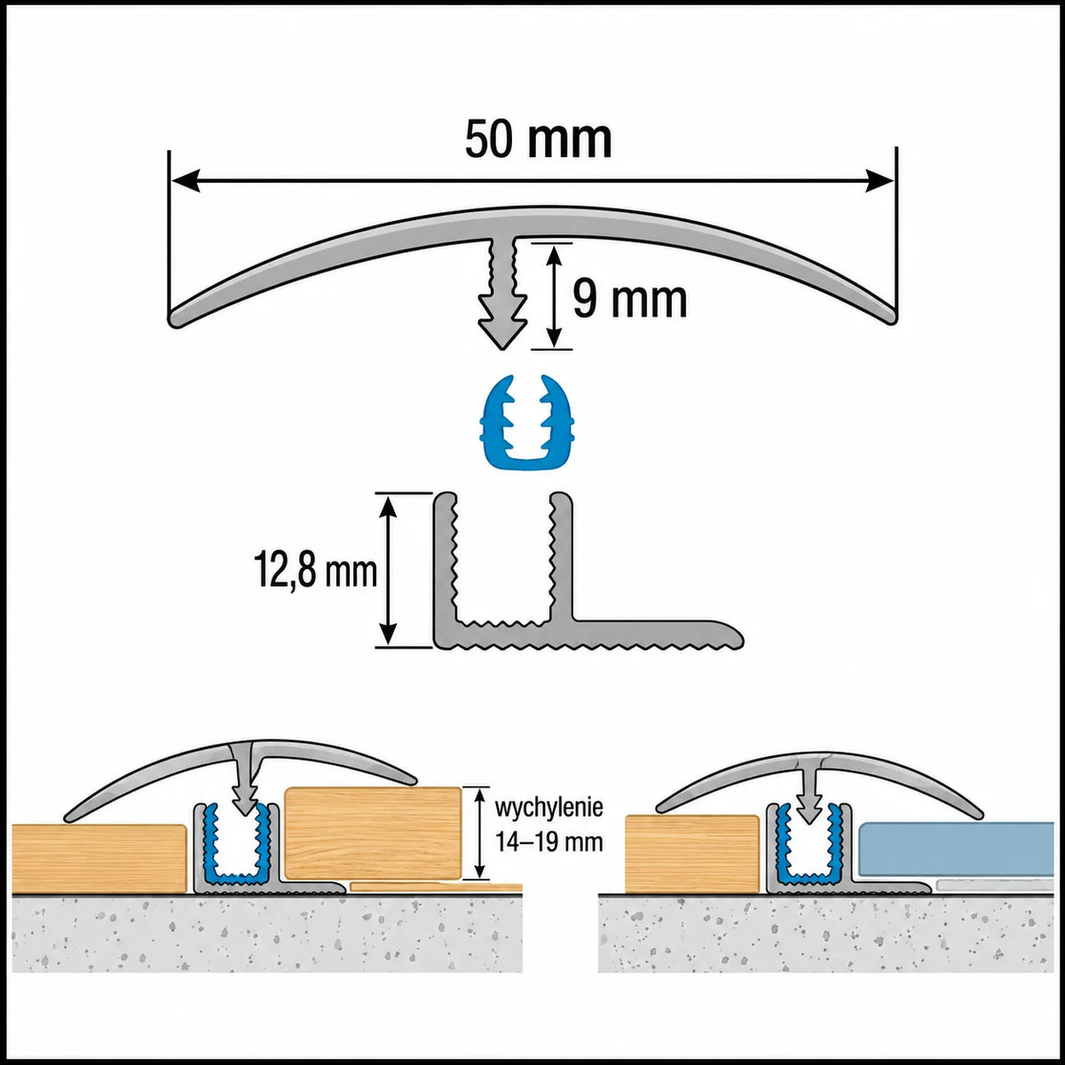 50mm Aluminium Door Threshold Strip – 900mm Push-In Fix Diagram