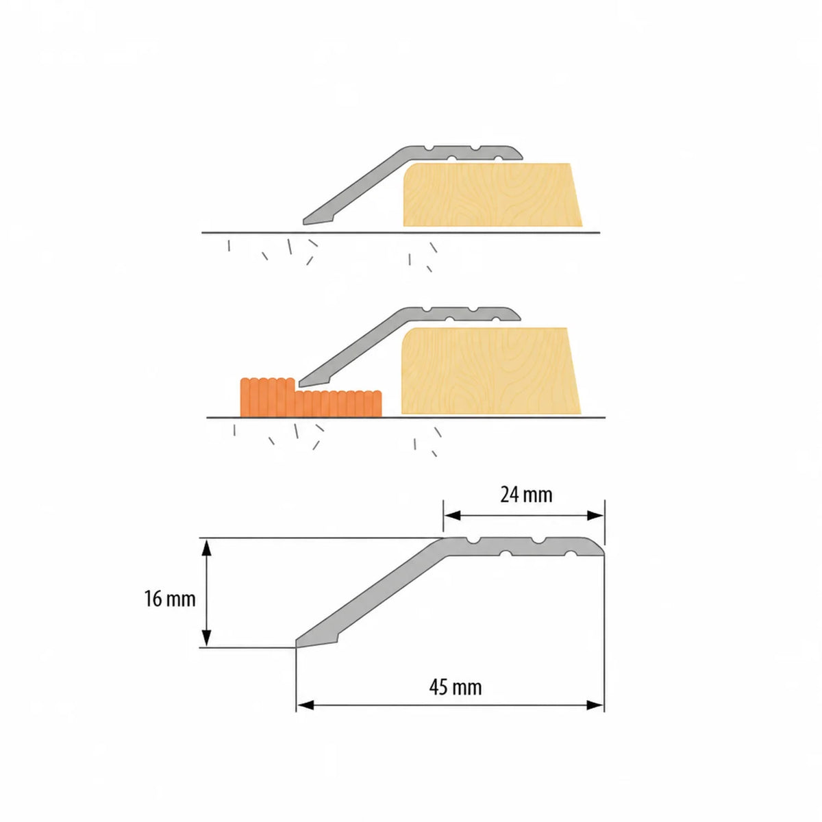 45x16mm Anodised Aluminium Floor Ramp Threshold Strip Diagram