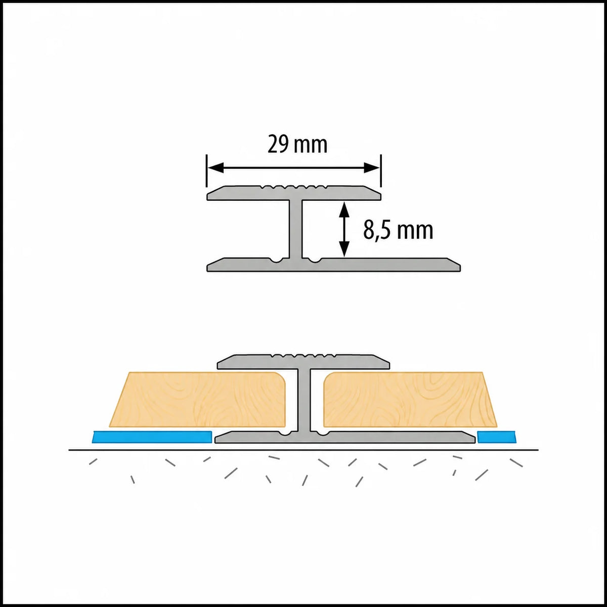 8mm Anodised Aluminium Twin Grip Connection Profile – 1m Diagram