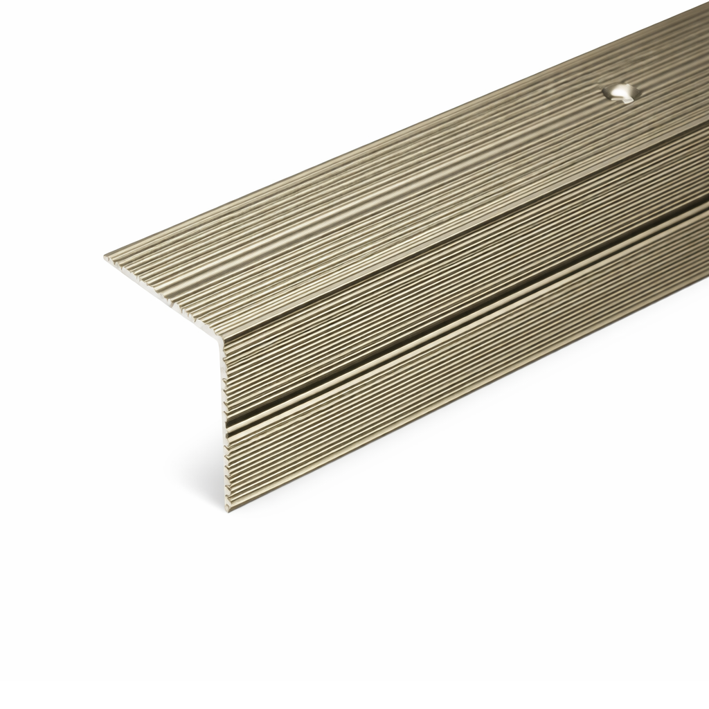 Champagne A34 35x35mm anodised aluminium non-slip ribbed stair nosing edge trim installed on staircase steps
