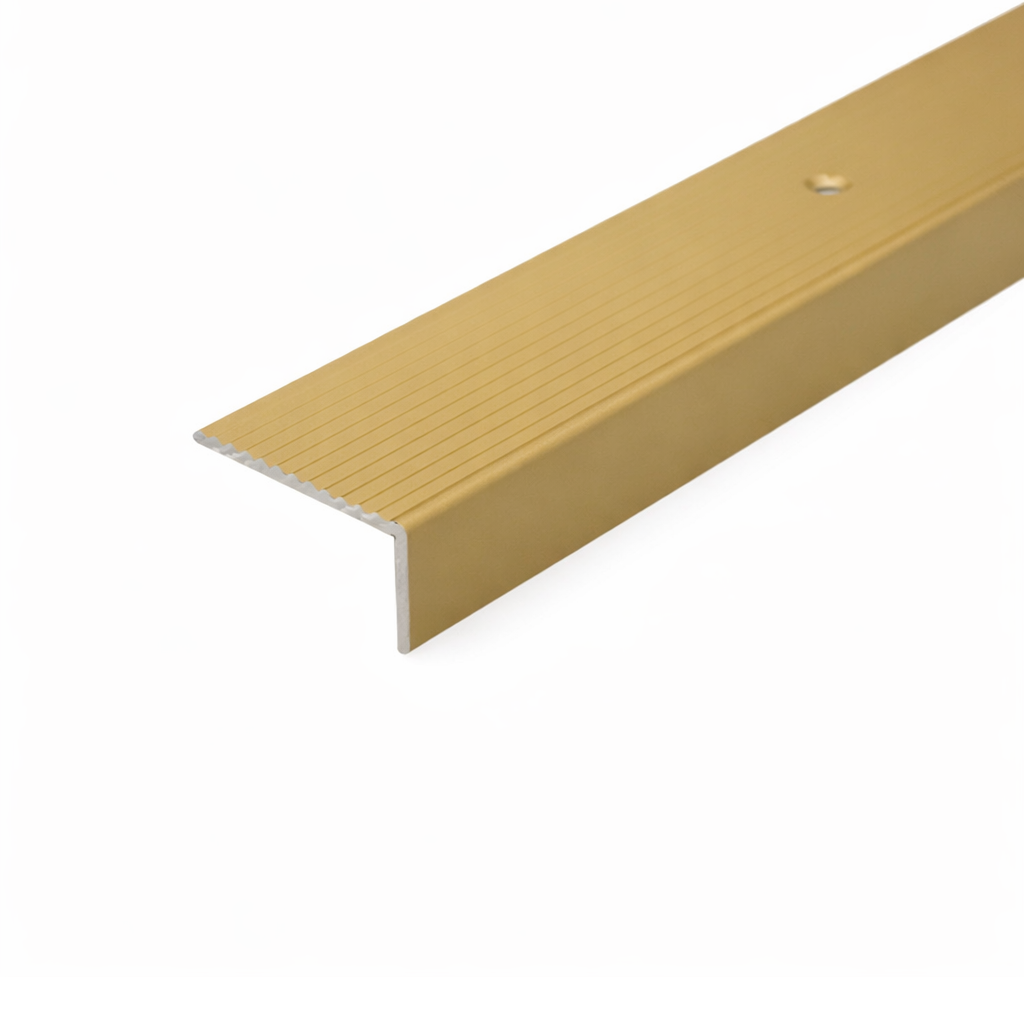 Golden A33 40x20mm anodised aluminium non-slip ribbed stair nosing edge trim installed on staircase steps