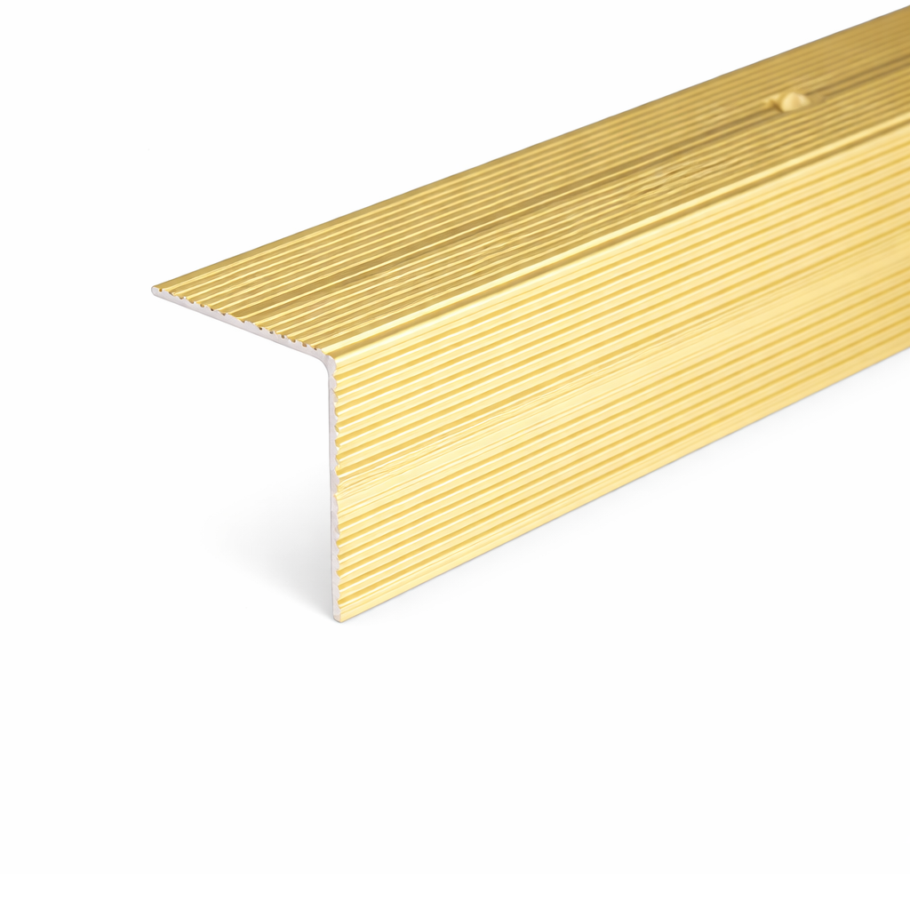 Golden A34 35x35mm anodised aluminium non-slip ribbed stair nosing edge trim installed on staircase steps