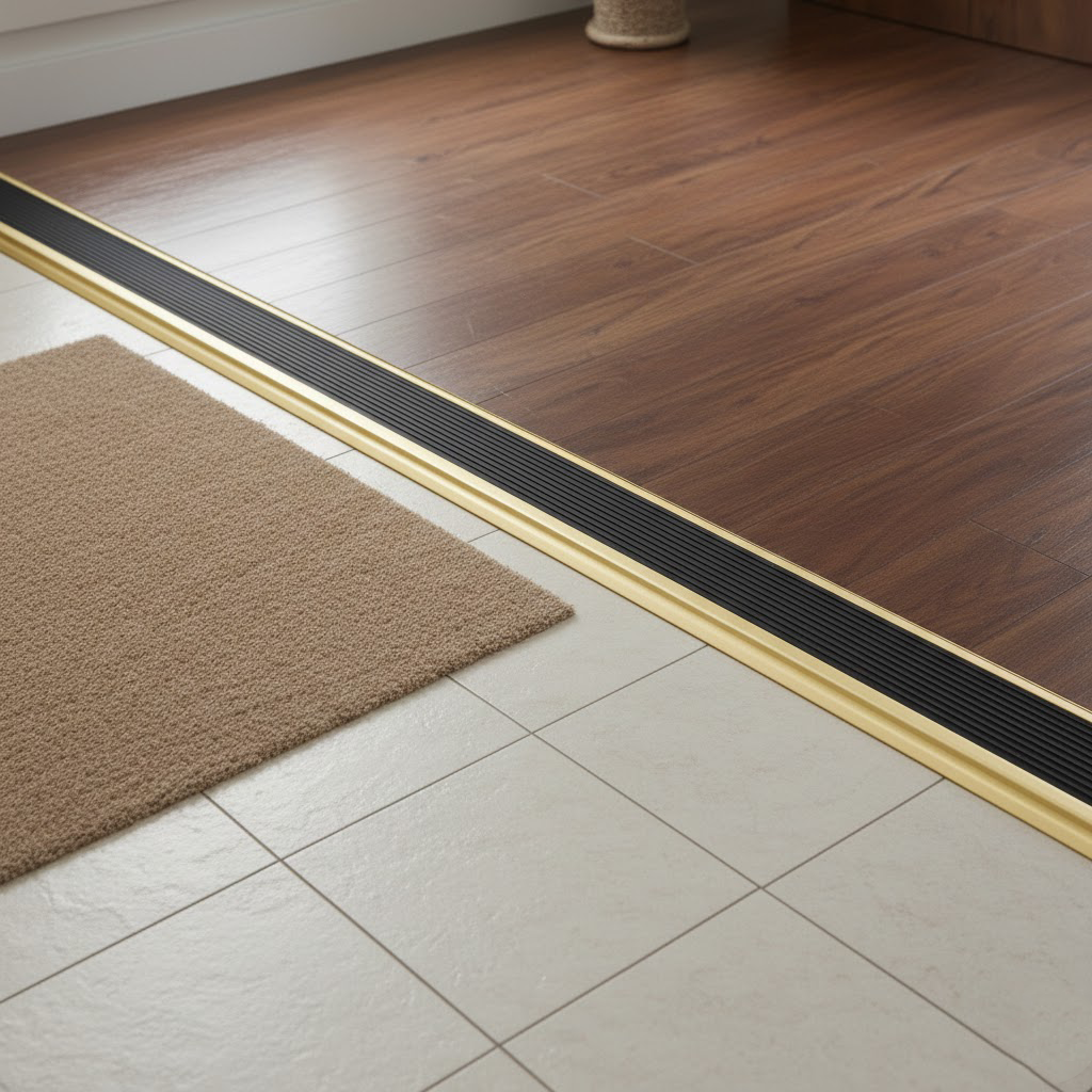 50mm flat non-slip aluminium door threshold strip fitted between adjoining floor surfaces to reduce slipping hazards.