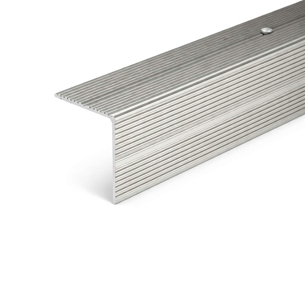 Inox A34 35x35mm anodised aluminium non-slip ribbed stair nosing edge trim installed on staircase steps