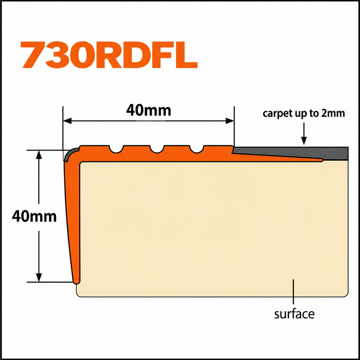Non Slip PVC Stair Nosing with Glow Strip 40x40mm – 1.18m Diagram