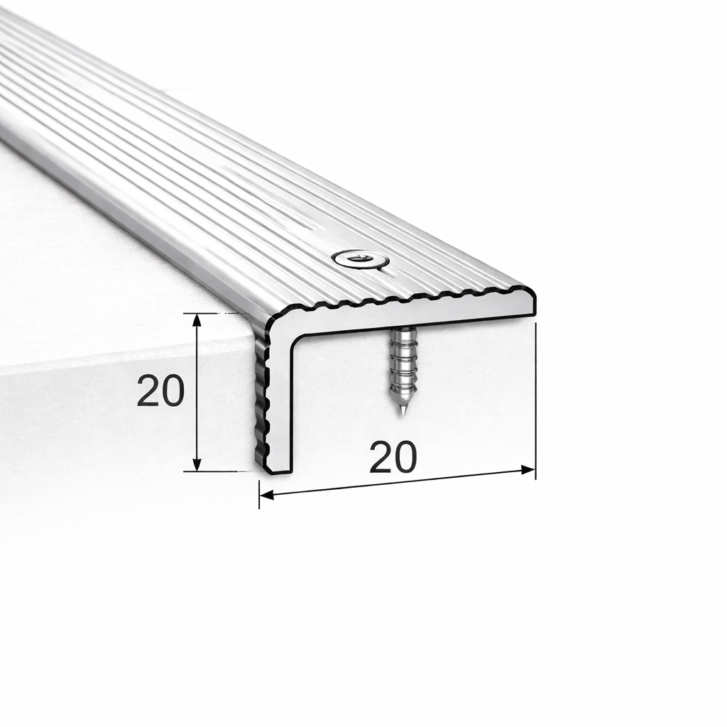A35 20x20mm anodised aluminium non-slip ribbed stair nosing installed on indoor stairs