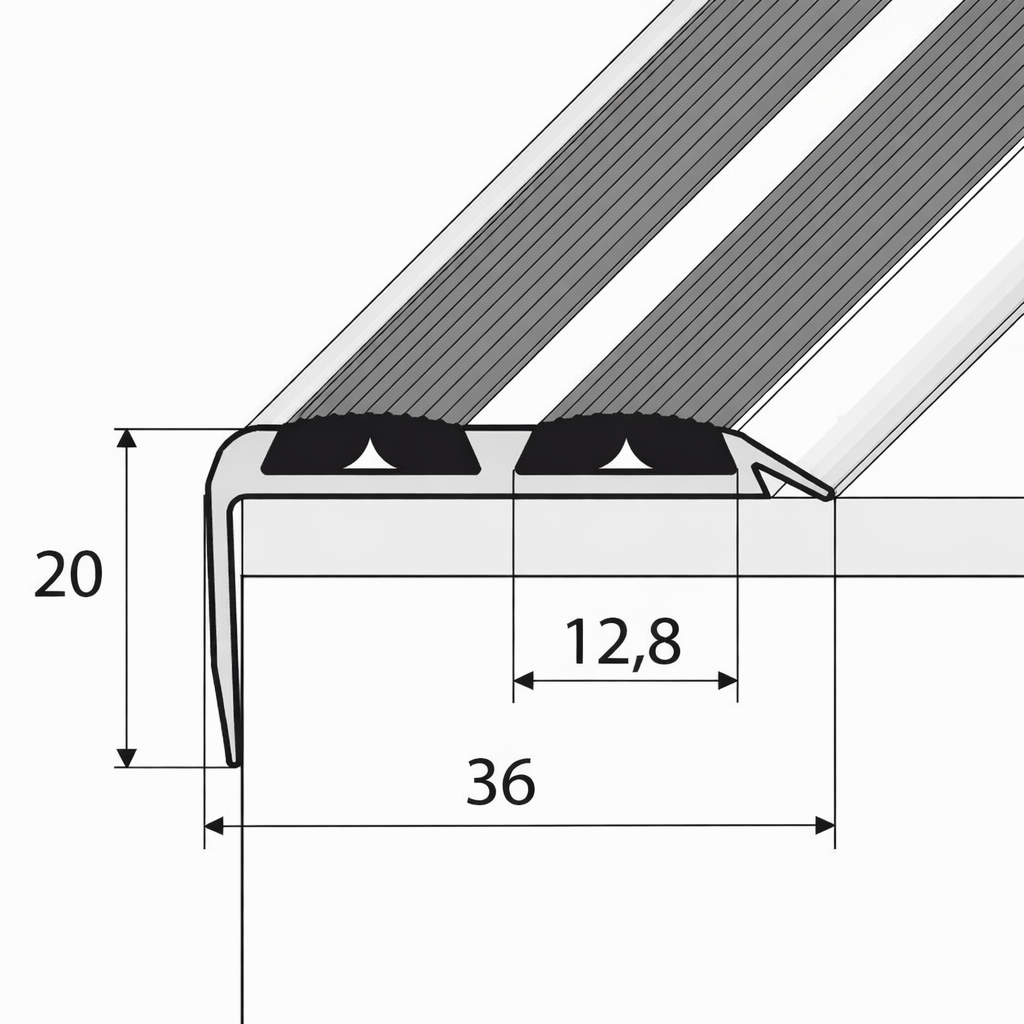 Sample Anodised aluminium stair nosing with rubber inserts installed on staircase step