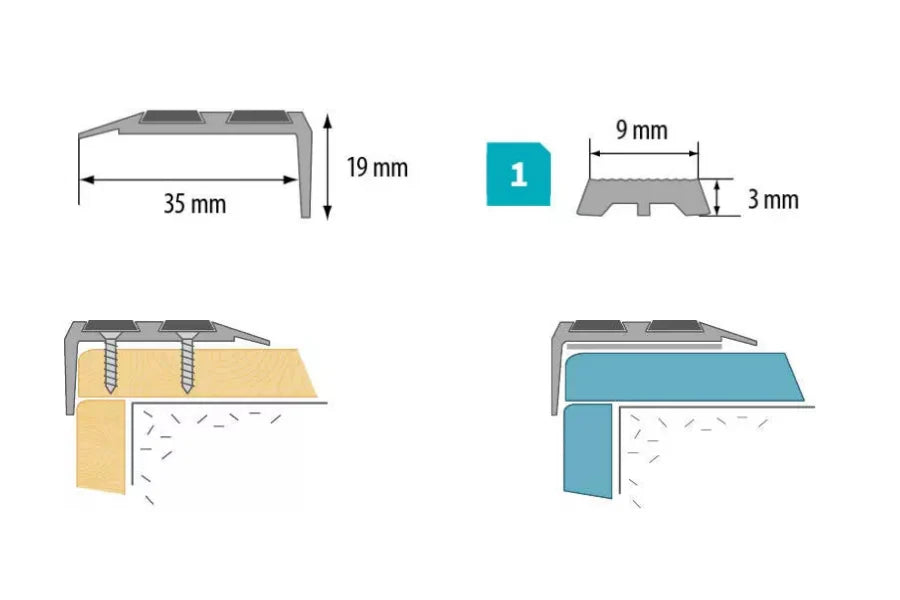 Aluminium Stair Nosing with Rubber Insert 35mm x 19mm
