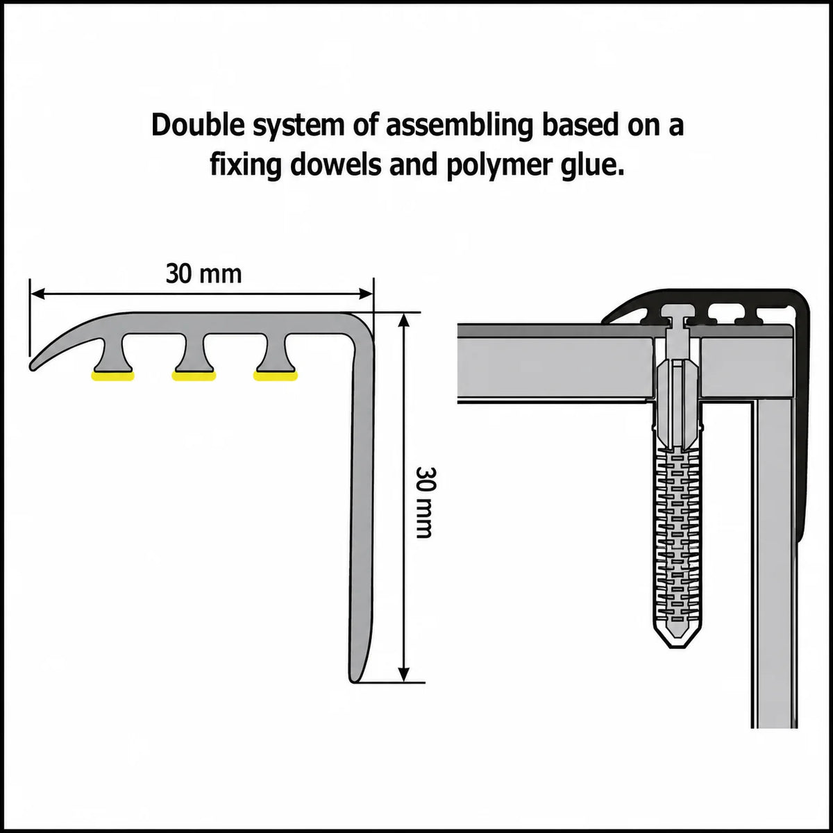Laminate Stair Nosing 30x30mm uPVC Wood Effect Profile – 0.9m Diagram