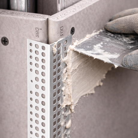 23x23 PVC corner bead in use on plastered wall corner for straight, reinforced edges