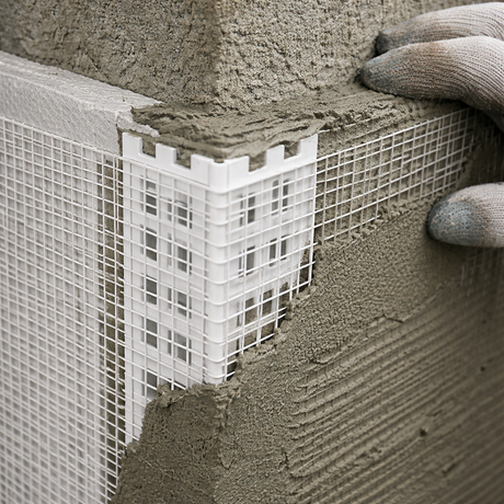 PVC mesh render corner bead 70x70mm fitted into render system to strengthen wall edges