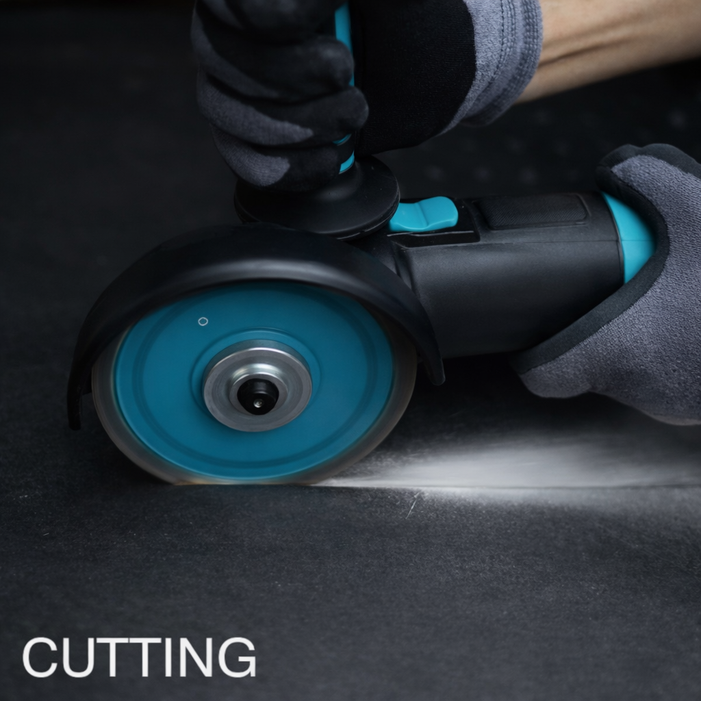 1200W variable speed angle grinder cutting metal with 125mm blade in workshop use