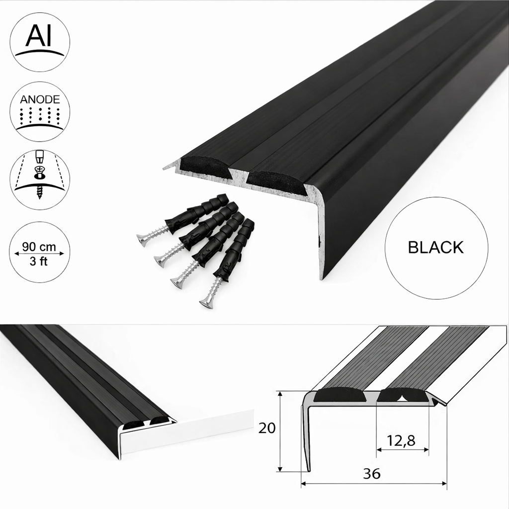 Black A37 screw fit aluminium stair nosing 36mm x 20mm with black rubber grip 15 pack
