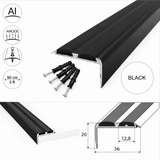 Black A37 screw fit aluminium stair nosing 36mm x 20mm with black rubber grip 15 pack