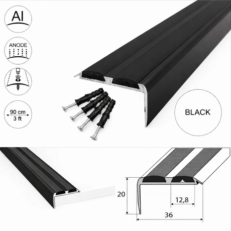 Black A37 screw fit aluminium stair nosing 36mm x 20mm with black rubber grip 15 pack