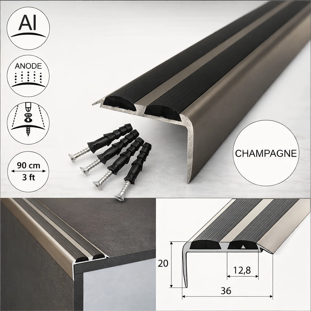 Champagne Anodised aluminium non-slip stair nosing with black rubber insert 0.9m length 15 pack
