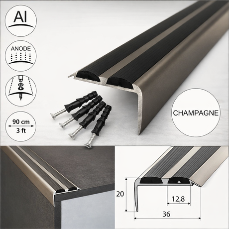 Champagne Anodised aluminium non-slip stair nosing with black rubber insert 0.9m length 15 pack