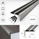 Silver A37 screw fit aluminium stair nosing 36mm x 20mm with black rubber grip 15 pack