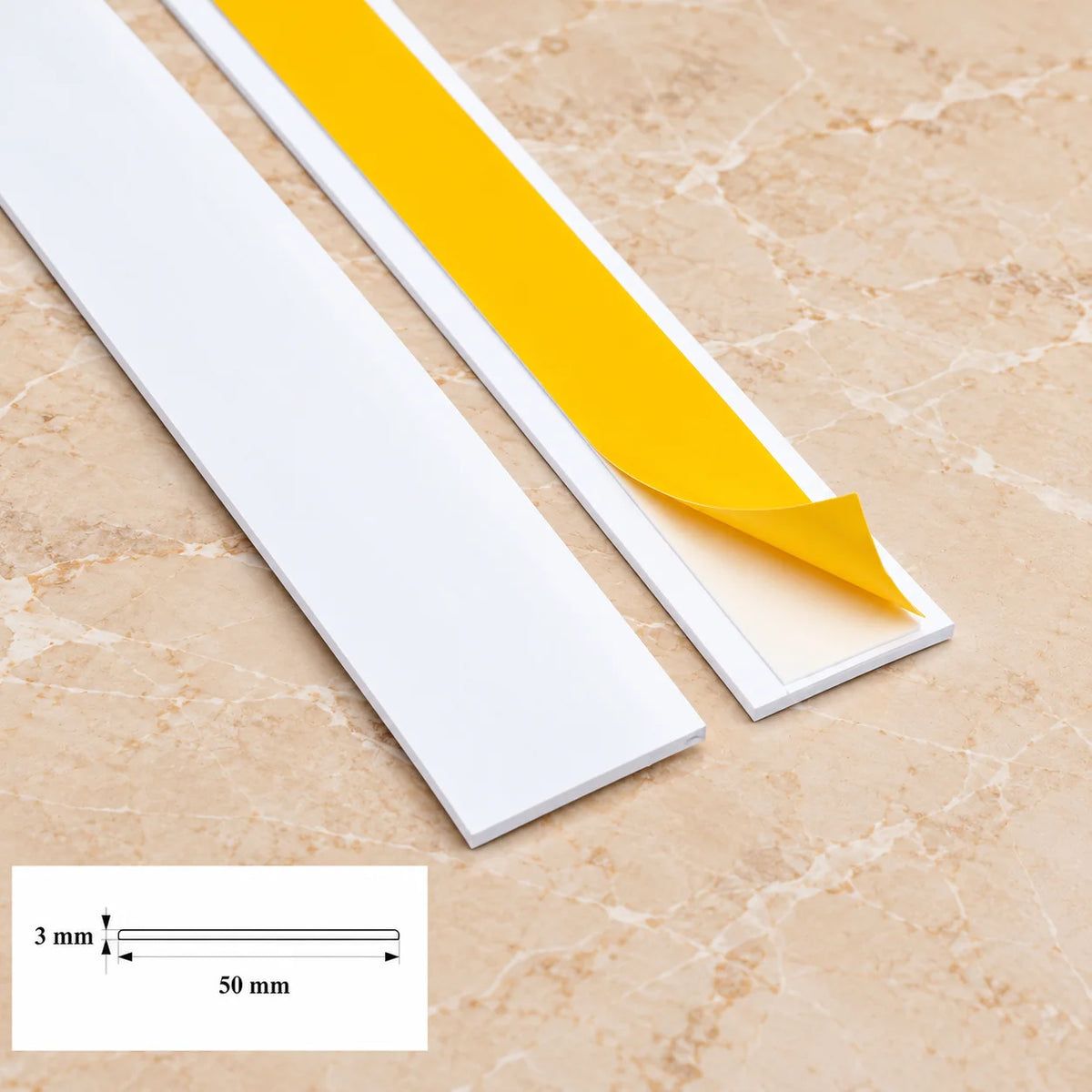 1m Self Adhesive PVC Flat Bar Cover Strip –  White In 50 X 3 MM