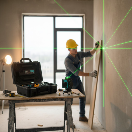 5 line beams 360° green laser level in use for wall and floor alignment