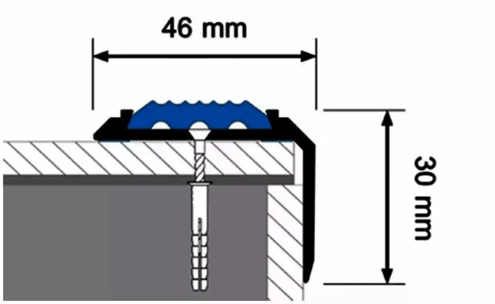 46x30mm aluminium stair nosing with concealed screw fixing and rubber insert