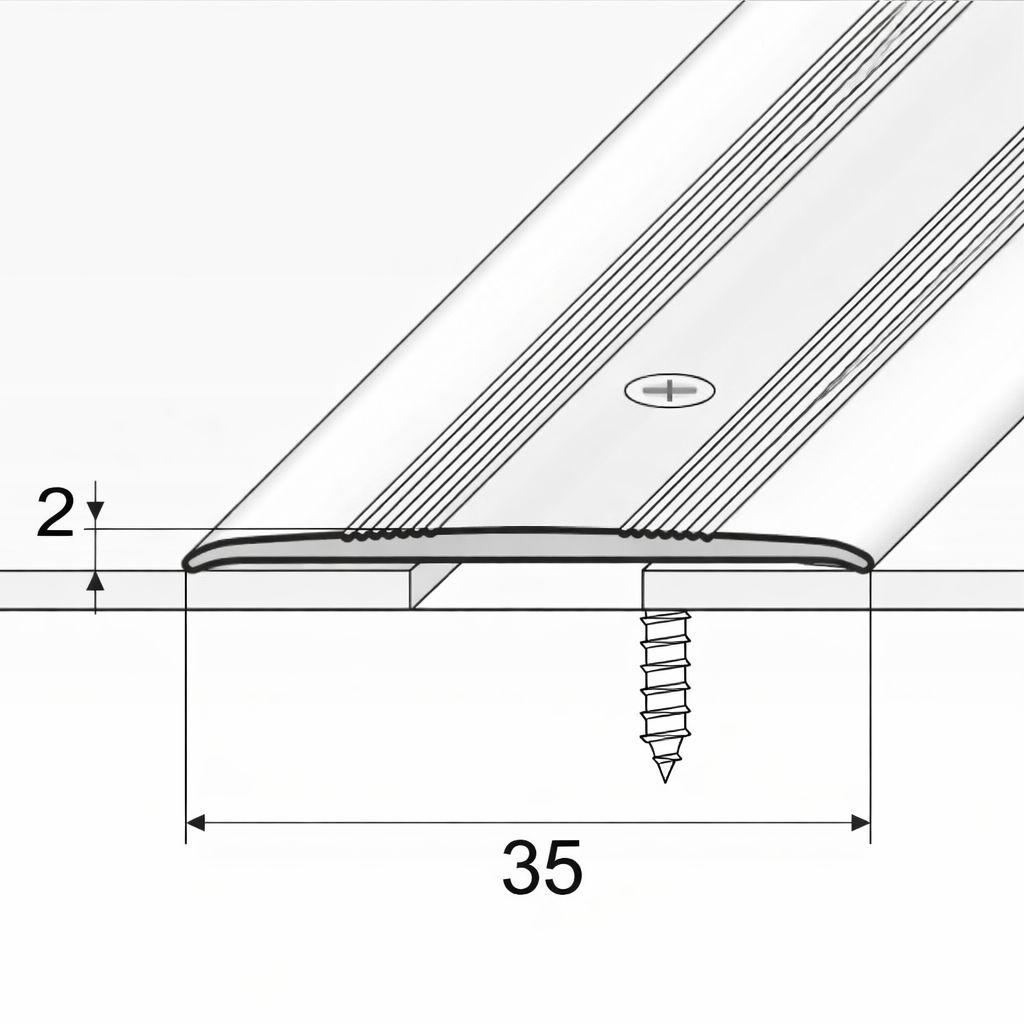 A08 35mm anodised aluminium flat threshold profile installed over a floor junction in a doorway, providing a smooth and durable transition.
