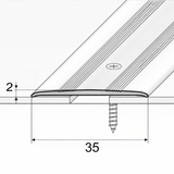 A08 35mm anodised aluminium flat threshold profile installed over a floor junction in a doorway, providing a smooth and durable transition.