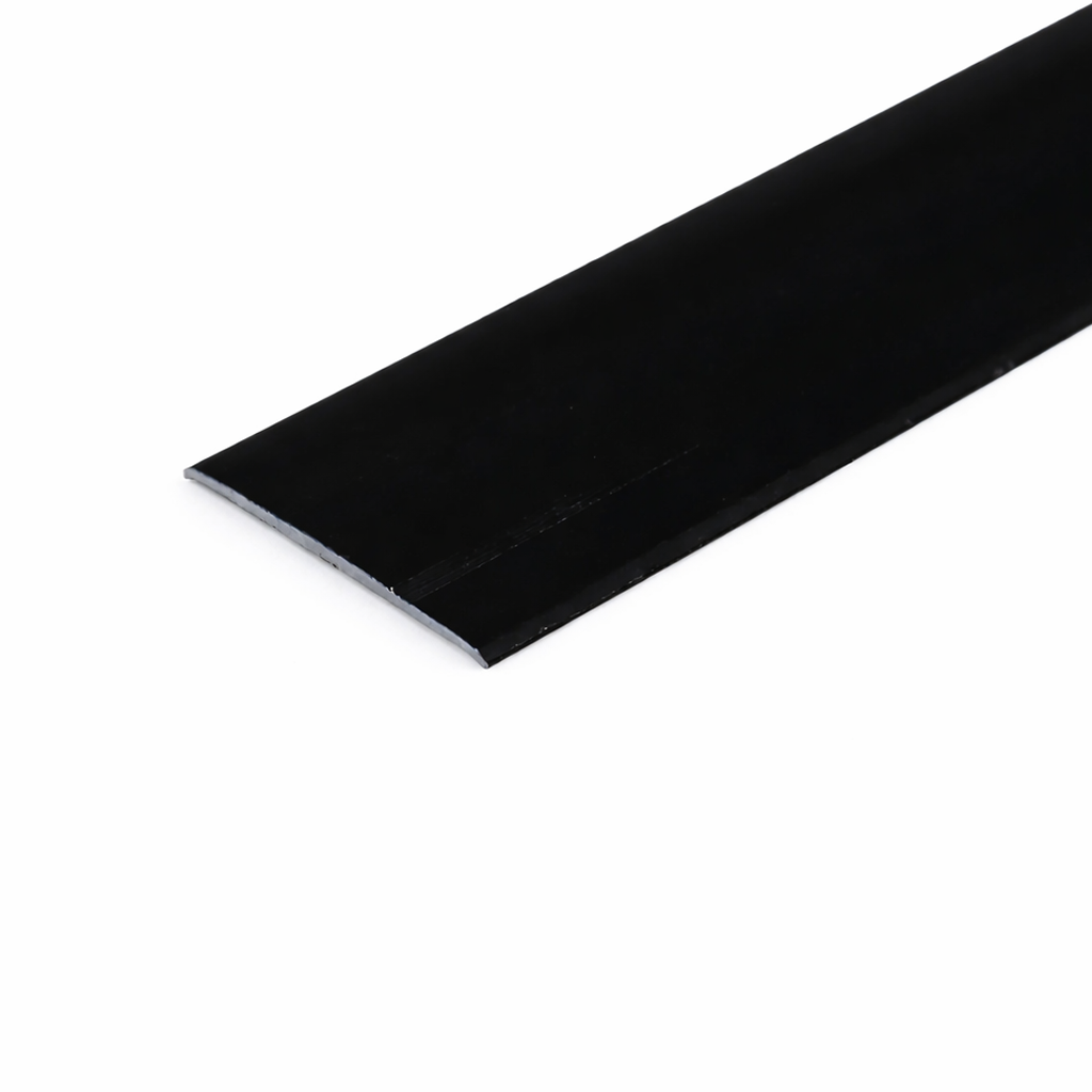 Black Anodised aluminium flat door threshold strip with self-adhesive backing for quick, drill-free installation.