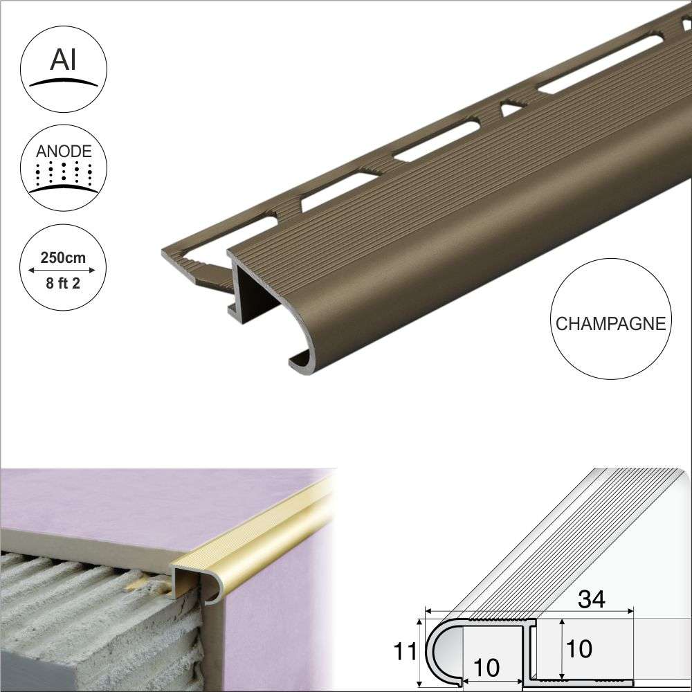 A81 34mm x 11mm x 10mm Aluminium Stair Nosing Edge Trim Step Edging For Tiles