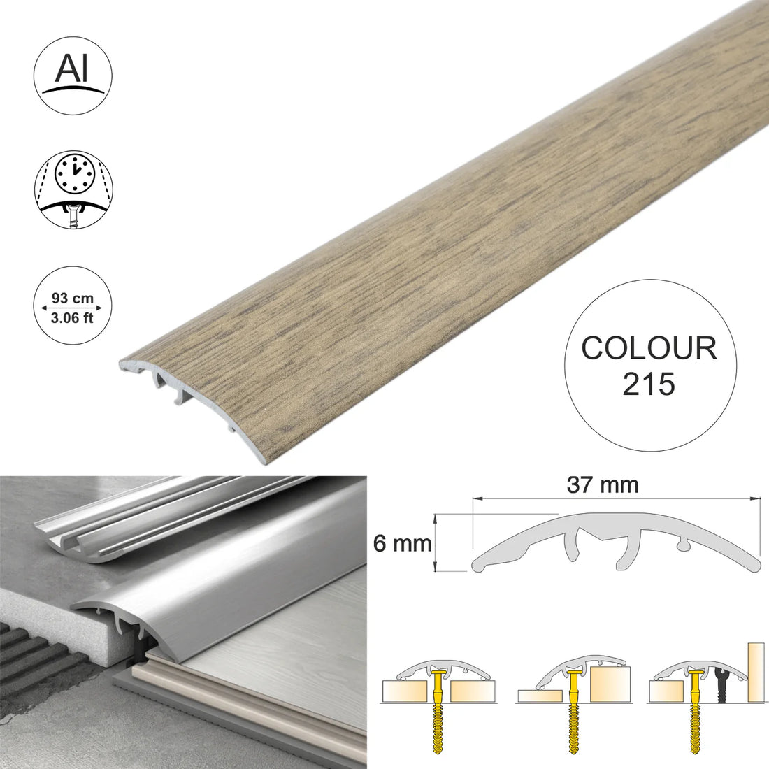 37mm Aluminium Wood-Effect 4-in-1 Door Threshold Strip S16K