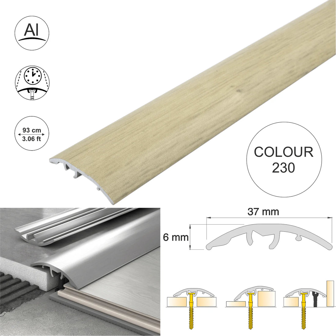 37mm Aluminium Wood-Effect 4-in-1 Door Threshold Strip S16K