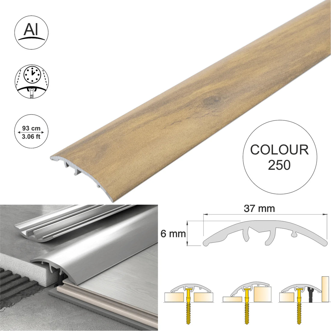37mm Aluminium Wood-Effect 4-in-1 Door Threshold Strip S16K