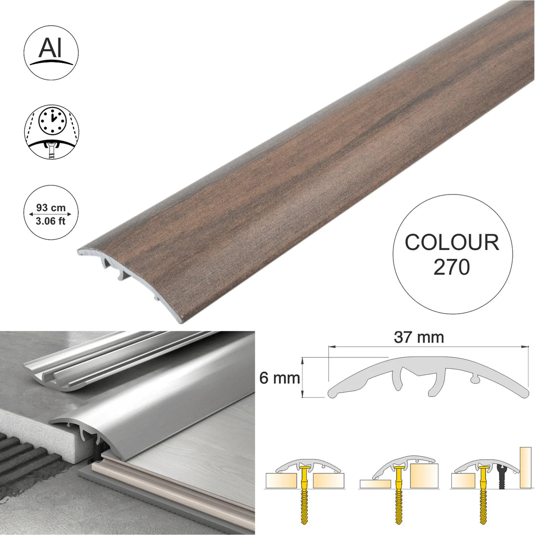 37mm Aluminium Wood-Effect 4-in-1 Door Threshold Strip S16K