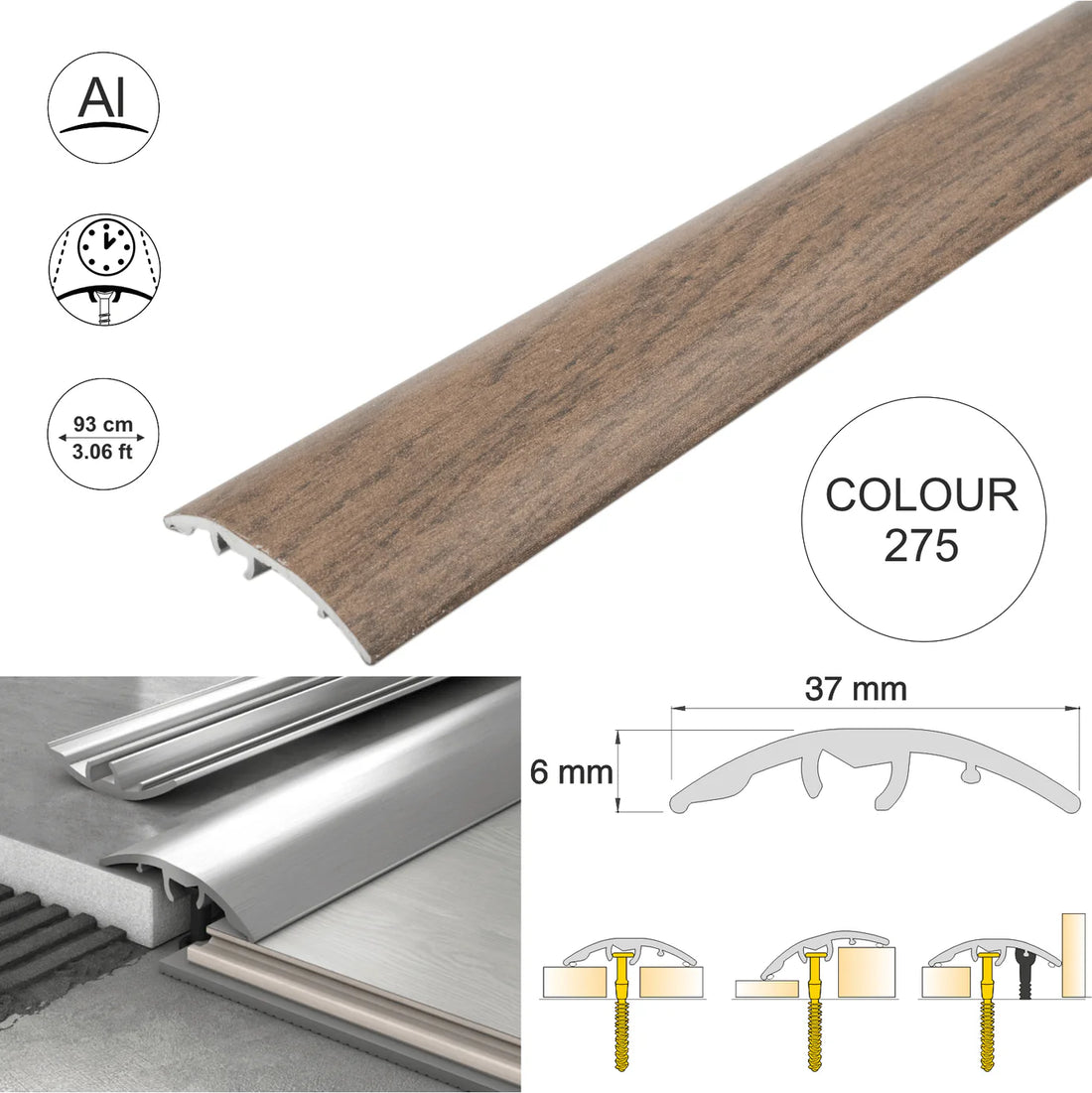37mm Aluminium Wood-Effect 4-in-1 Door Threshold Strip S16K