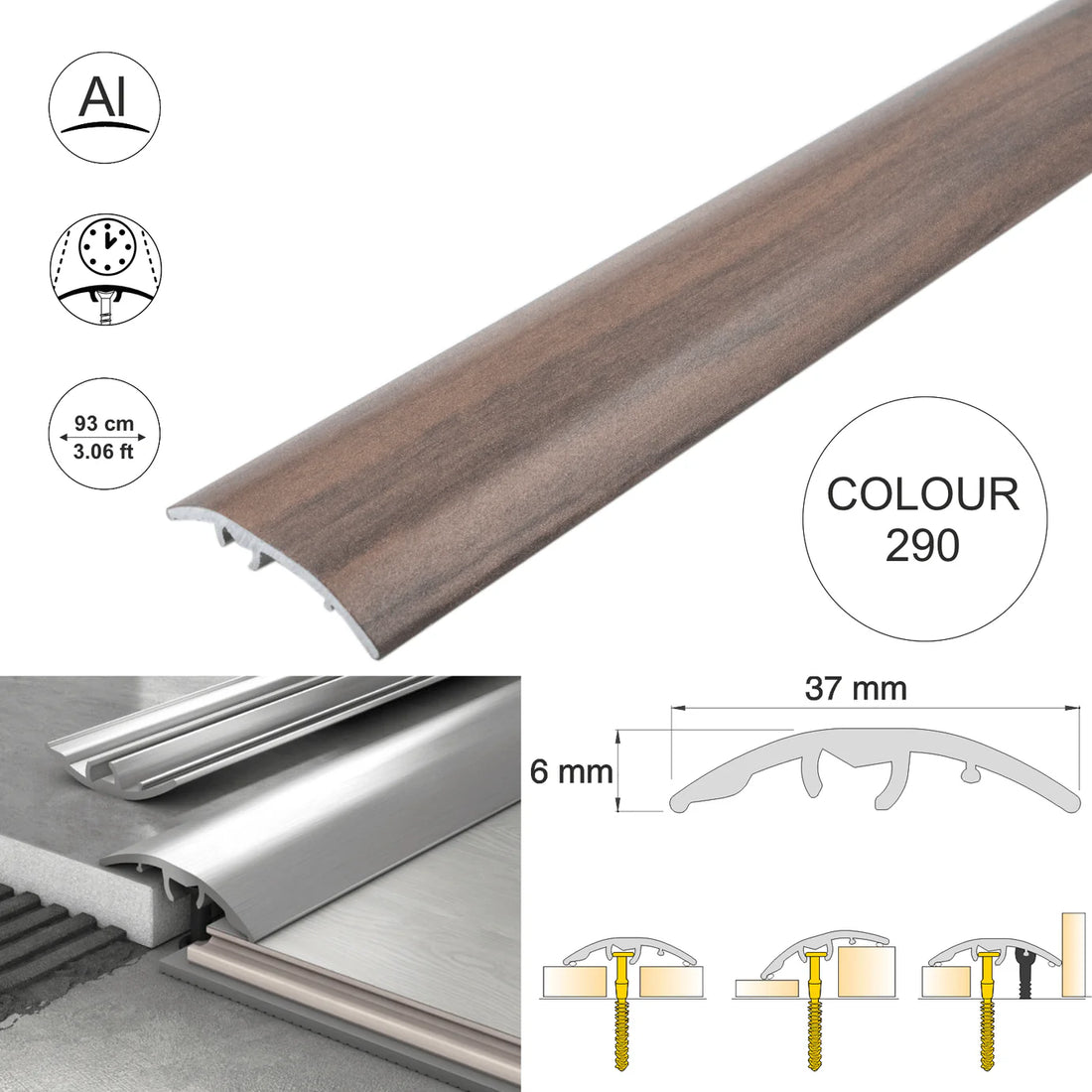 37mm Aluminium Wood-Effect 4-in-1 Door Threshold Strip S16K