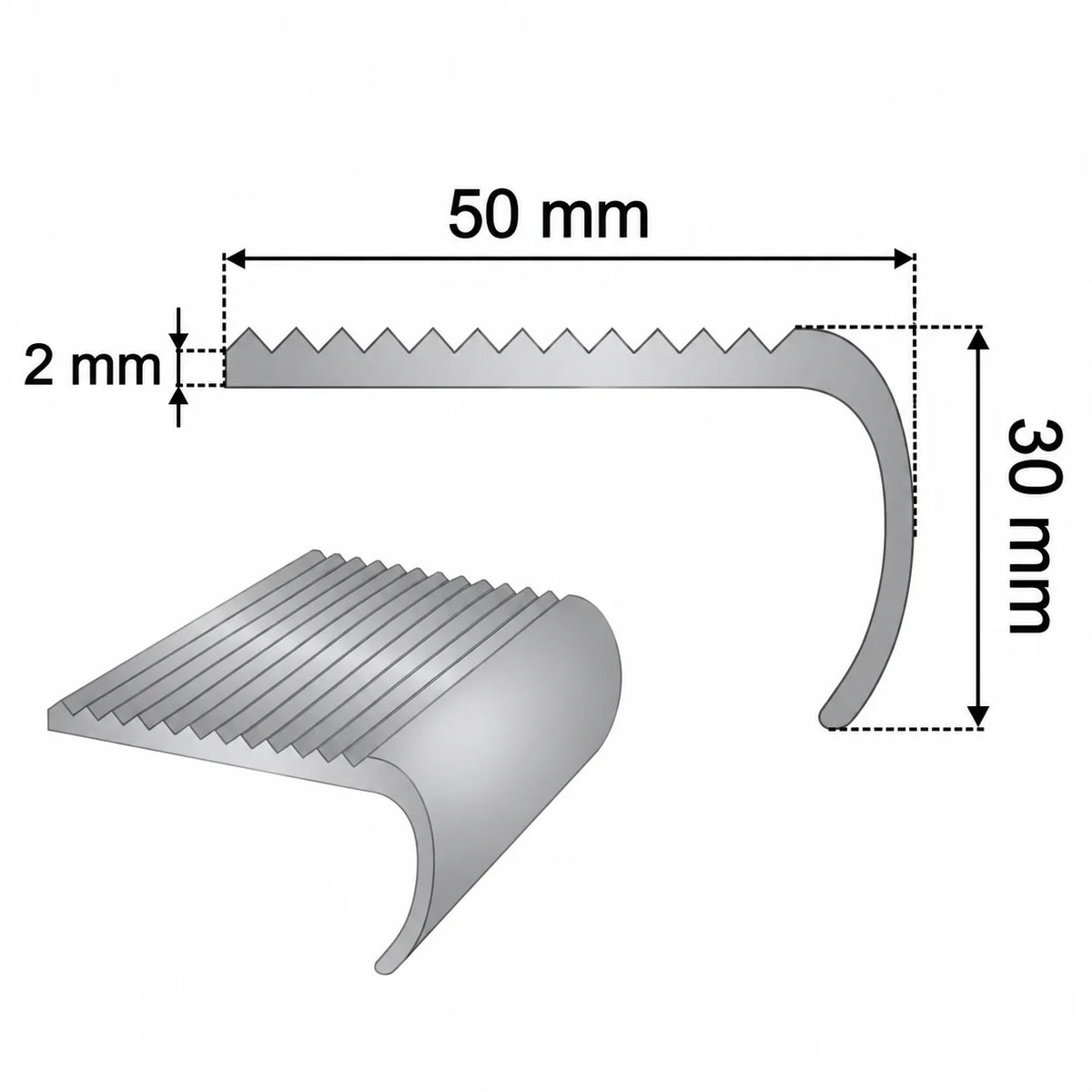 Aluminium Bullnose Stair Nosing 50 MM x 30 MM Curved Rounded Step Edge Trim technical diagram