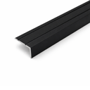 Black A31 25x10mm anodised aluminium self adhesive stair nosing edge trim installed on indoor staircase for slip protection