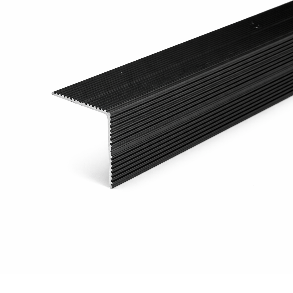 Black A34 35x35mm anodised aluminium self adhesive non-slip ribbed stair nosing edge trim installed on steps