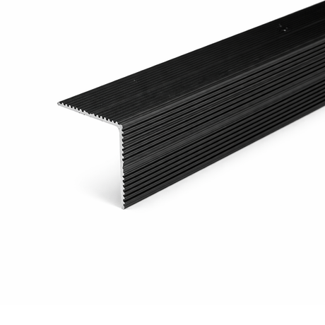 Black A34 35x35mm anodised aluminium self adhesive non-slip ribbed stair nosing edge trim installed on steps