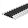 Silver A10 anodised aluminium flat non-slip threshold strip installed between two floor surfaces for added safety.